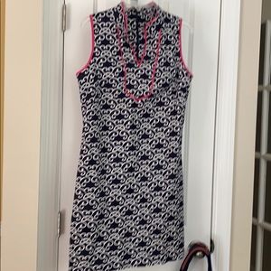 Navy and white dress with pink pipping
